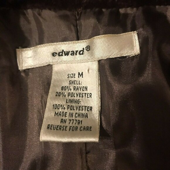 EDWARD. Size M. Crushed Velvet Long Sleeve Lined Jacket. Loop Closure. DB - Picture 5 of 5
